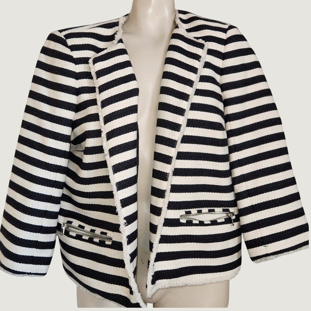 Metaphor‎ Striped Open Front Jacket Black White Textured Fringe Blazer XL